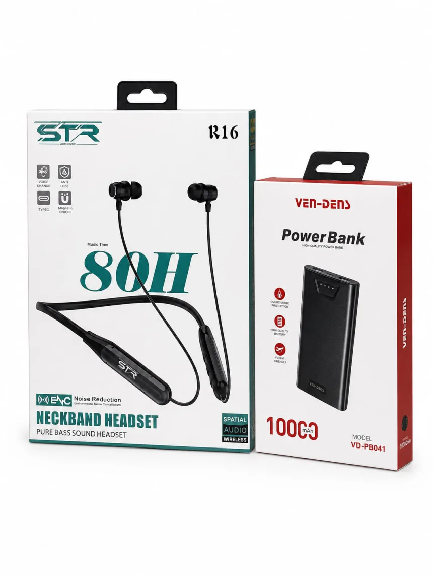 STR R16 80H Wireless Neckband + VEN-DENS 10000mAh Power Bank Combo